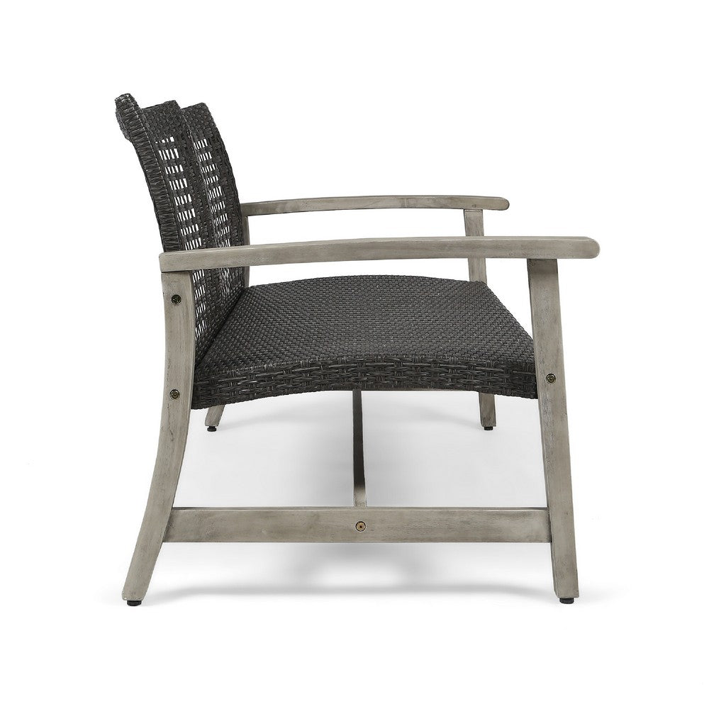 Bops Outdoor Loveseat, Rustic Acacia Wood Frame, 52 Inch, Gray Wicker -BM335279
