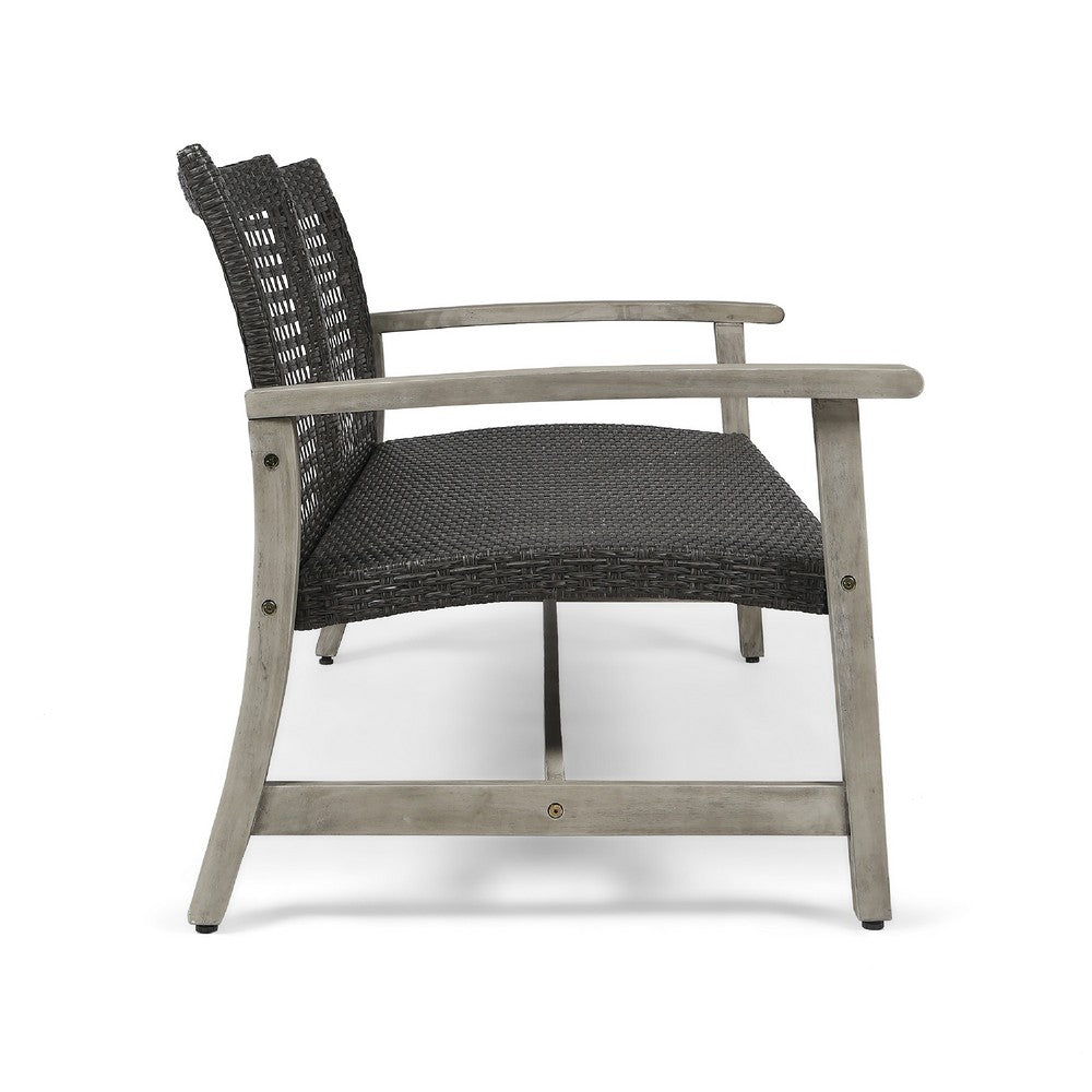 Bops Outdoor Loveseat, Rustic Acacia Wood Frame, 52 Inch, Gray Wicker -BM335279