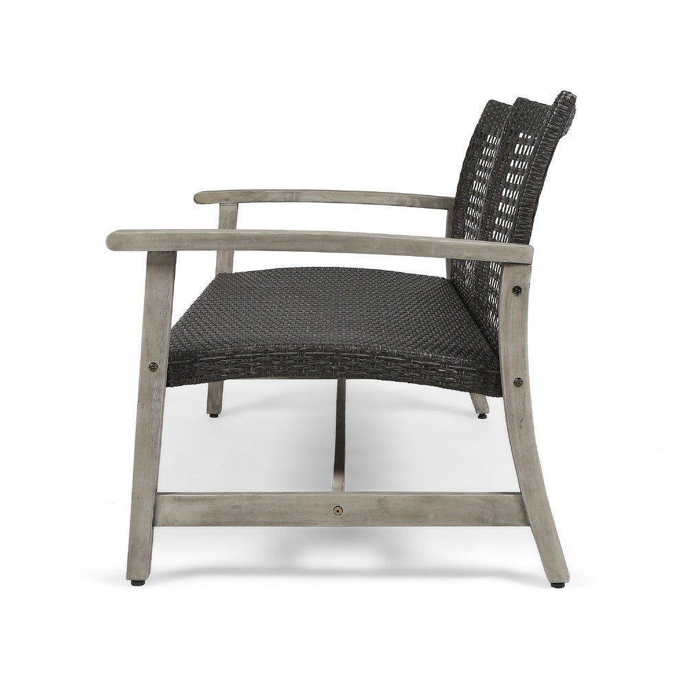 Bops Outdoor Loveseat, Rustic Acacia Wood Frame, 52 Inch, Gray Wicker -BM335279