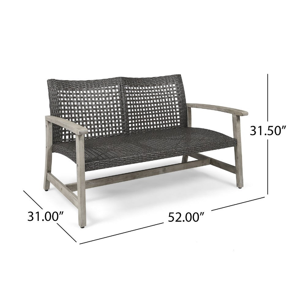 Bops Outdoor Loveseat, Rustic Acacia Wood Frame, 52 Inch, Gray Wicker -BM335279