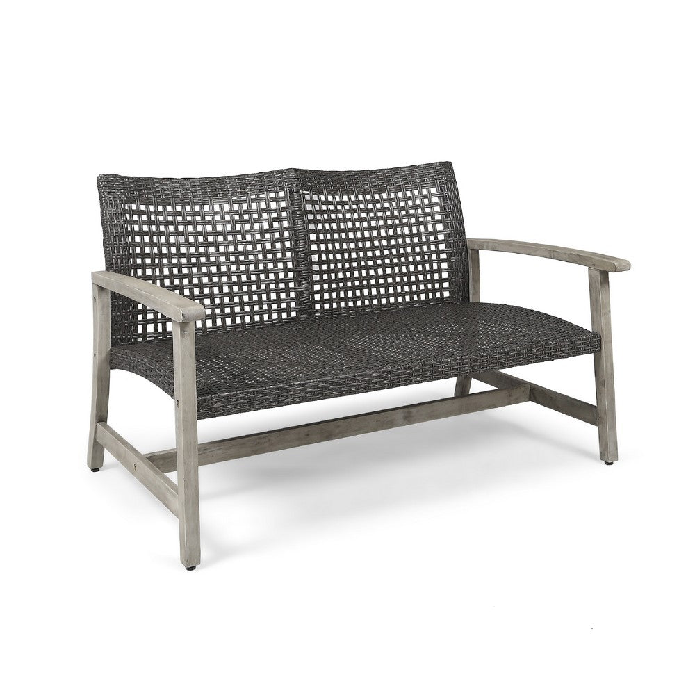 Bops Outdoor Loveseat, Rustic Acacia Wood Frame, 52 Inch, Gray Wicker -BM335279