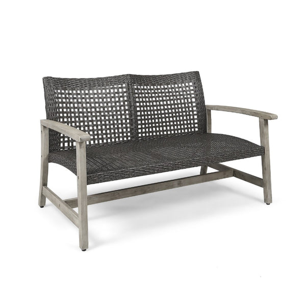Bops Outdoor Loveseat, Rustic Acacia Wood Frame, 52 Inch, Gray Wicker -BM335279