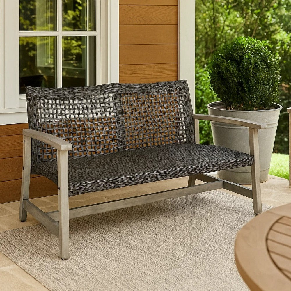 Bops Outdoor Loveseat, Rustic Acacia Wood Frame, 52 Inch, Gray Wicker -BM335279