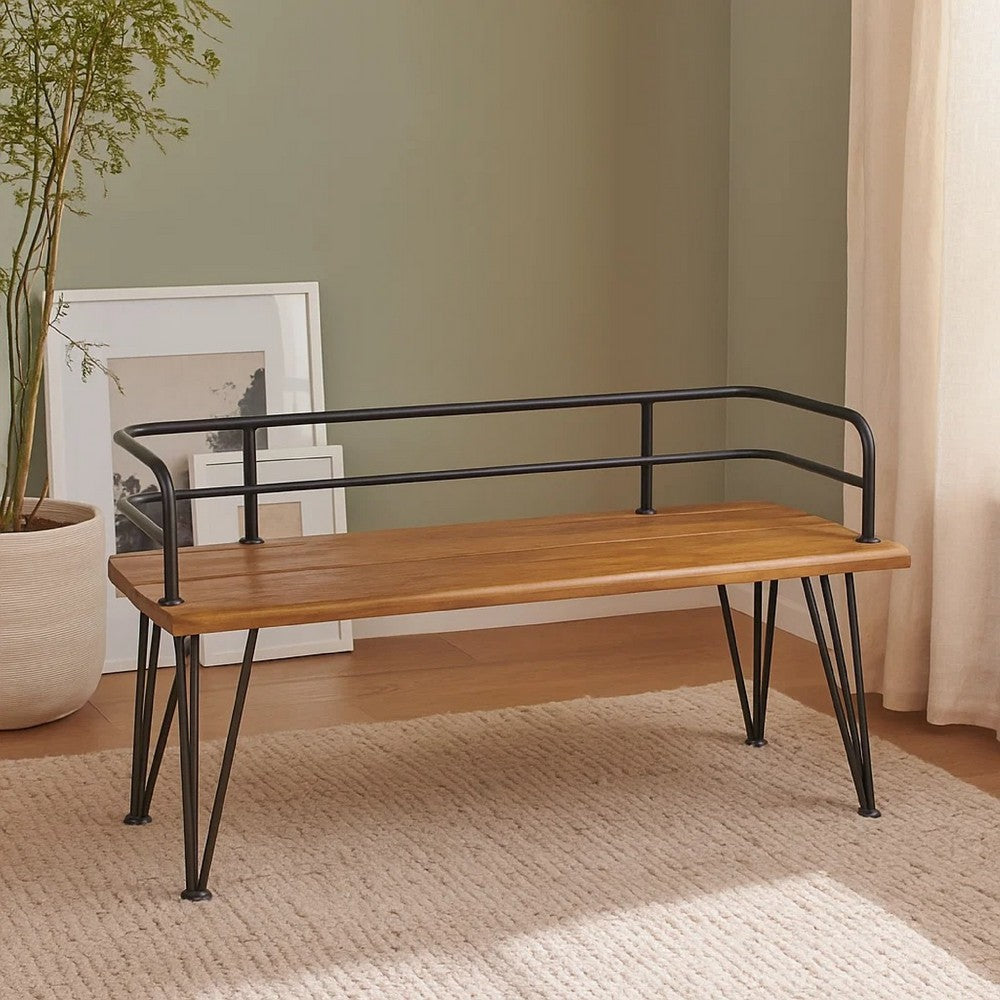 Zoe Outdoor Bench, Industrial Metal Frame, 48 Inch Brown Acacia Wood -BM335284