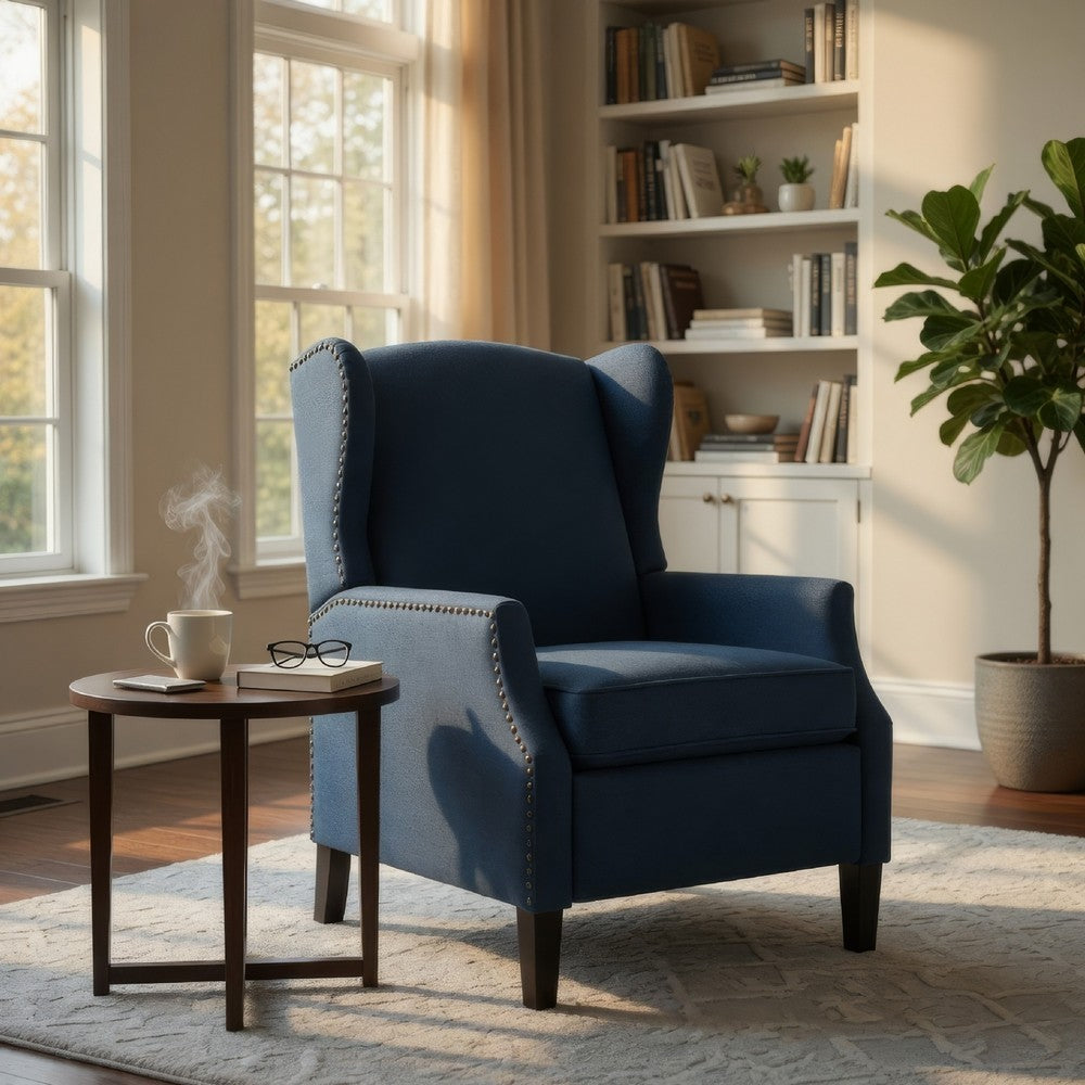 Manual Recliner Chair, Wingback and Nailhead Trim, Navy Blue Polyester -BM335285