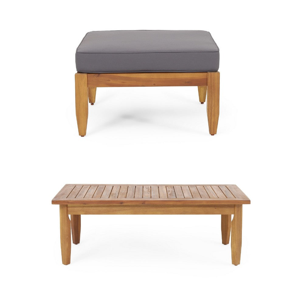 Gail Outdoor Ottoman and Coffee Table Set, Brown Acacia Wood, Gray -BM335286
