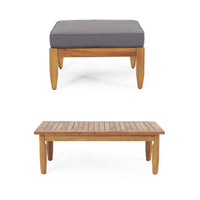 Gail Outdoor Ottoman and Coffee Table Set, Brown Acacia Wood, Gray -BM335286