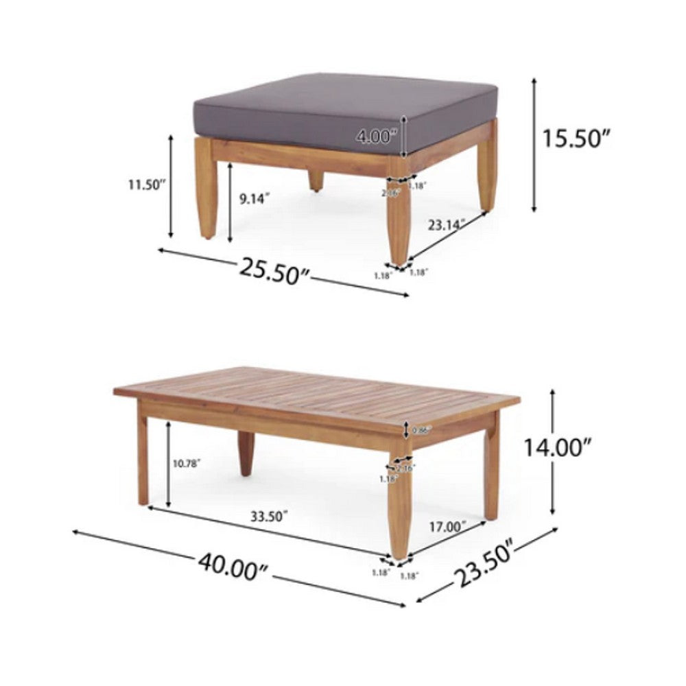 Gail Outdoor Ottoman and Coffee Table Set, Brown Acacia Wood, Gray -BM335286