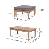 Gail Outdoor Ottoman and Coffee Table Set, Brown Acacia Wood, Gray -BM335286