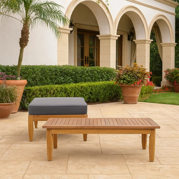 Gail Outdoor Ottoman and Coffee Table Set, Brown Acacia Wood, Gray -BM335286