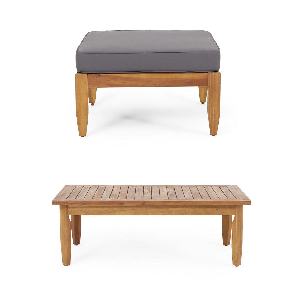 Gail Outdoor Ottoman and Coffee Table Set, Brown Acacia Wood, Gray -BM335286