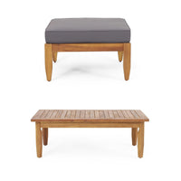 Gail Outdoor Ottoman and Coffee Table Set, Brown Acacia Wood, Gray -BM335286