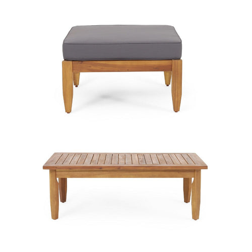 Gail Outdoor Ottoman and Coffee Table Set, Brown Acacia Wood, Gray -BM335286