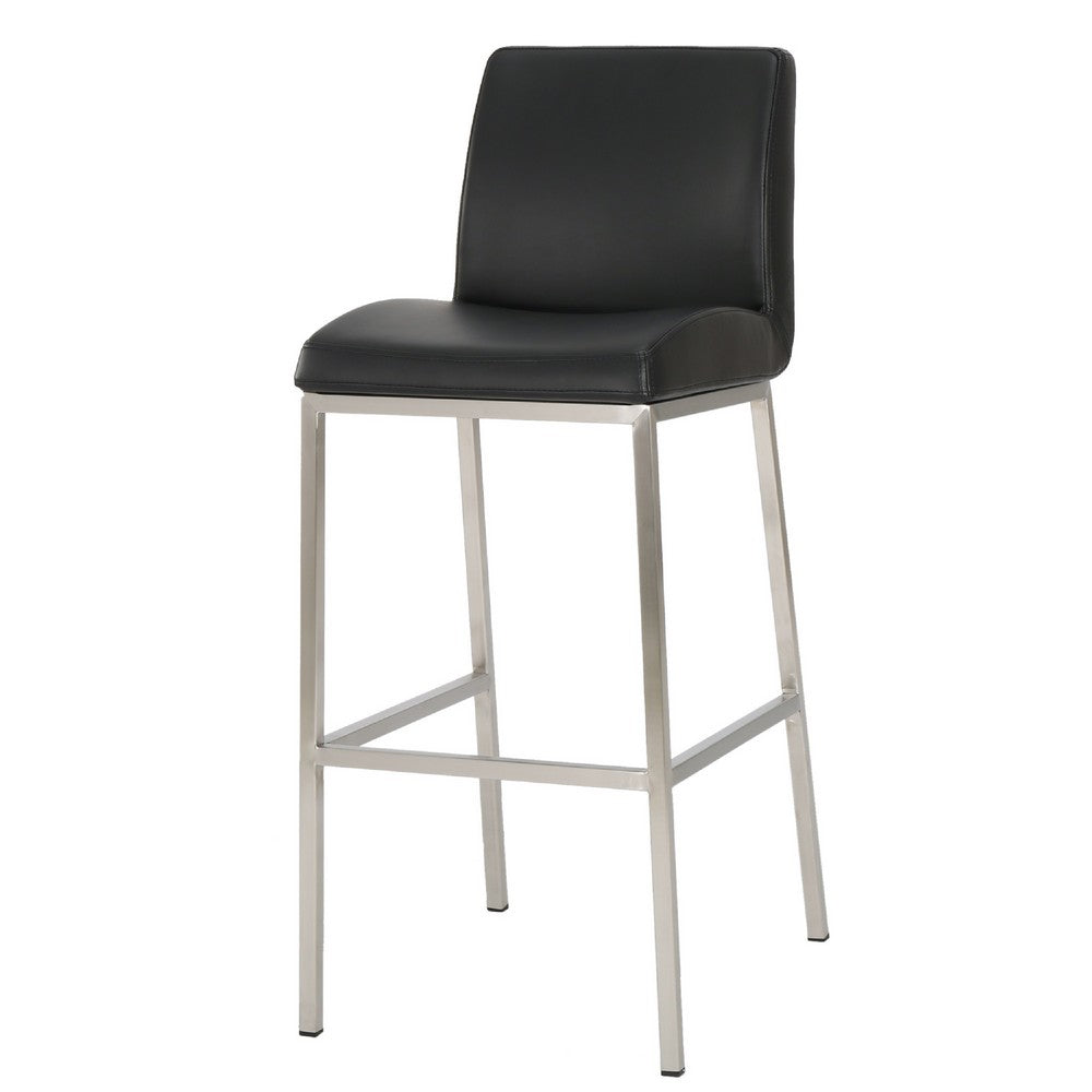Drag Barstool Chair with Full Back Design, Chrome, Black Faux Leather -BM335293