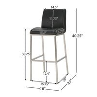 Drag Barstool Chair with Full Back Design, Chrome, Black Faux Leather -BM335293