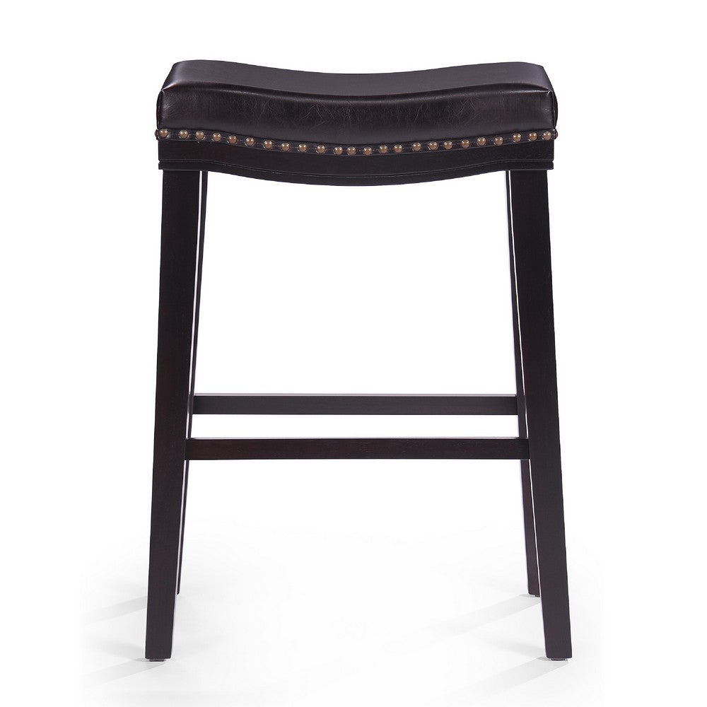 Emett Saddle Barstool Set of 2, Studded, Brown Faux Leather and Wood -BM335298