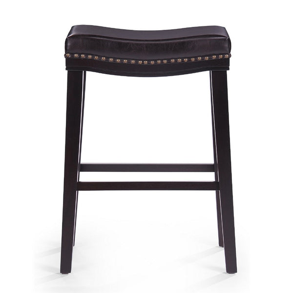 Emett Saddle Barstool Set of 2, Studded, Brown Faux Leather and Wood -BM335298