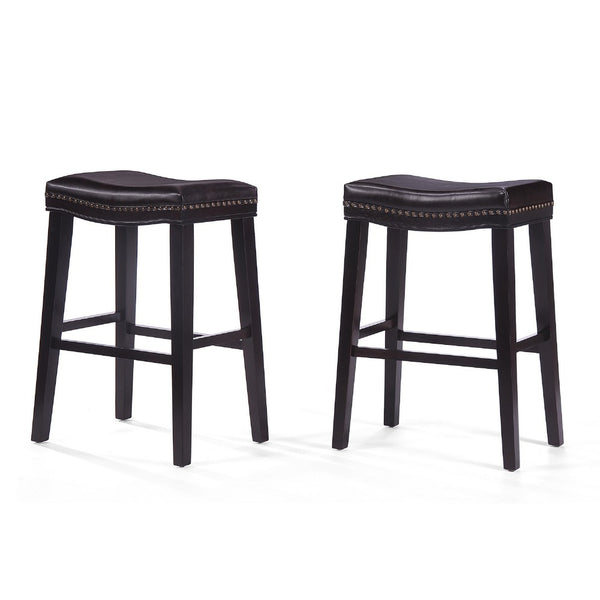 Emett Saddle Barstool Set of 2, Studded, Brown Faux Leather and Wood -BM335298
