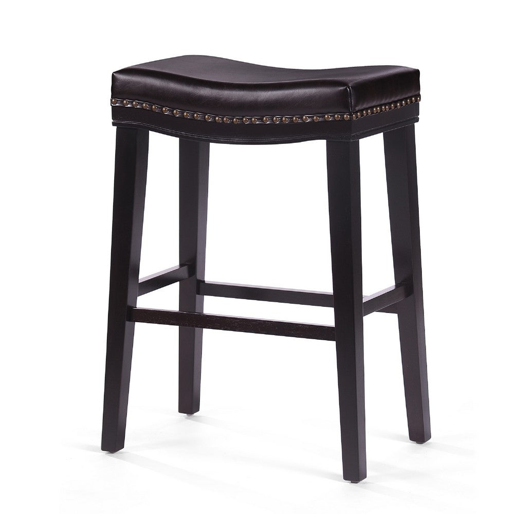 Emett Saddle Barstool Set of 2, Studded, Brown Faux Leather and Wood -BM335298