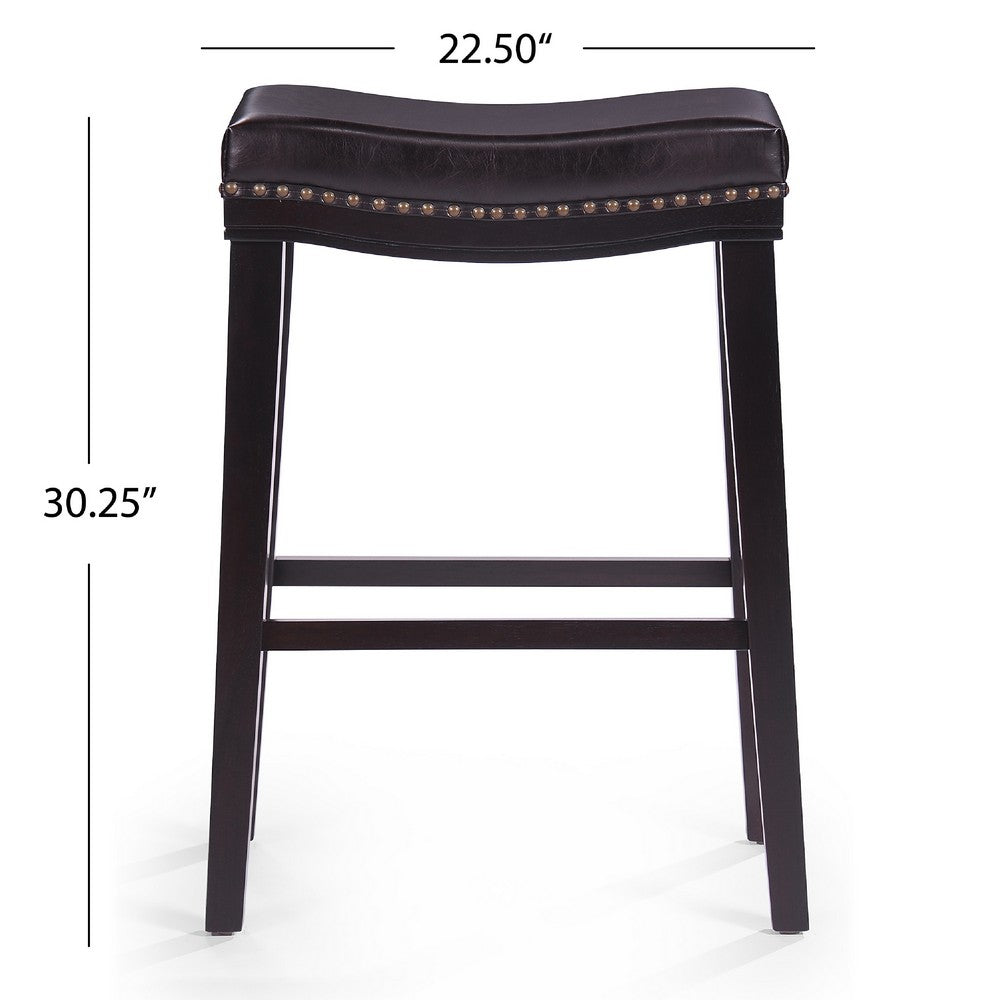 Emett Saddle Barstool Set of 2, Studded, Brown Faux Leather and Wood -BM335298