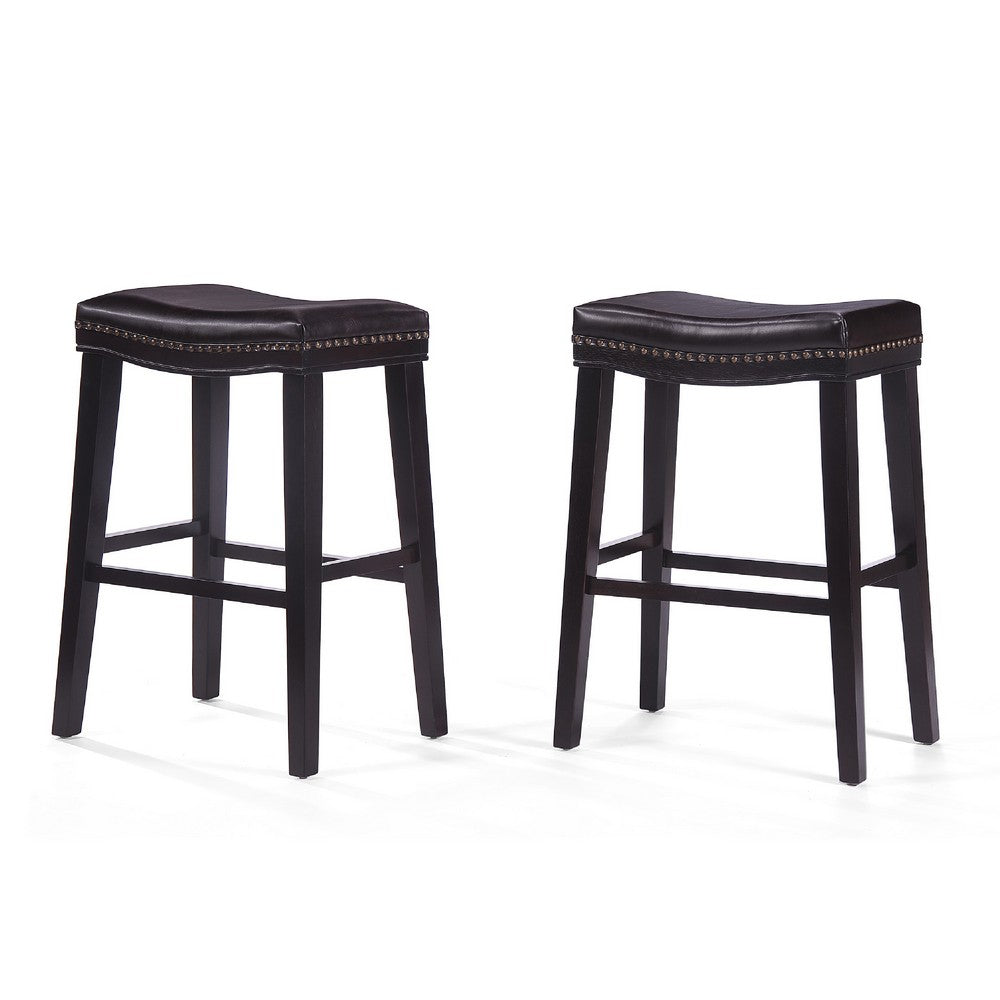 Emett Saddle Barstool Set of 2, Studded, Brown Faux Leather and Wood -BM335298