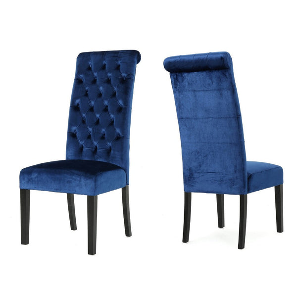 Marie Dining Chair Set of 2, Birch Wood, High Back Navy Blue Velvet -BM335301