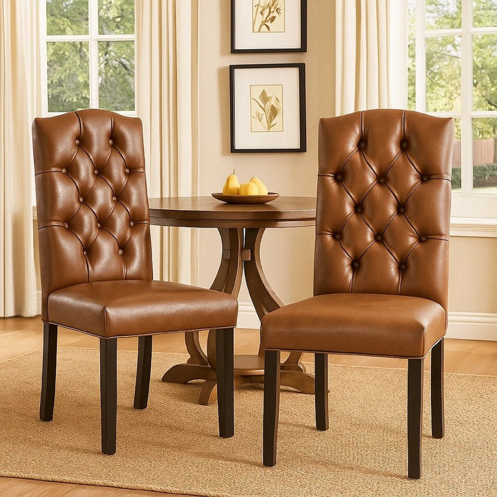 Elona Dining Chair Set of 2, Crown Top, Brown Tufted Faux Leather -BM335304