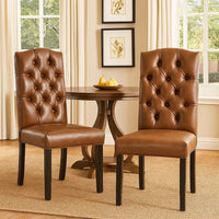 Elona Dining Chair Set of 2, Crown Top, Brown Tufted Faux Leather -BM335304