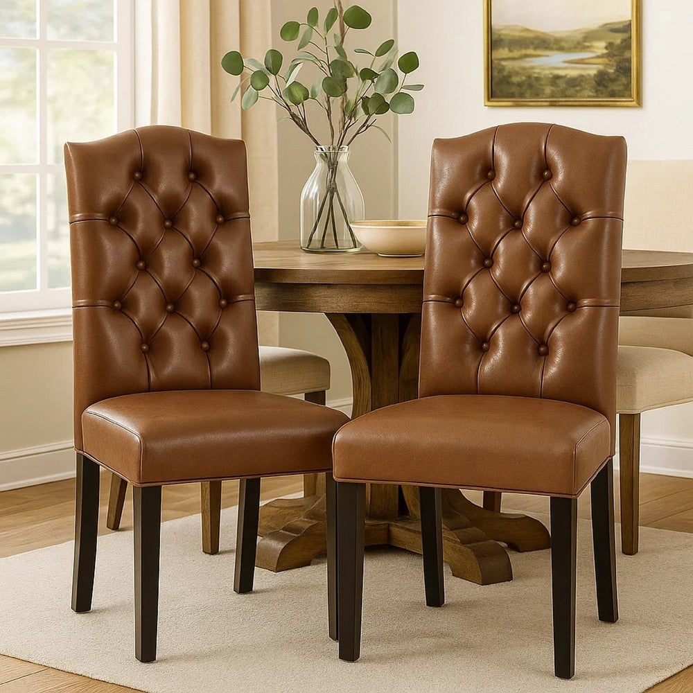 Elona Dining Chair Set of 2, Crown Top, Brown Tufted Faux Leather -BM335304