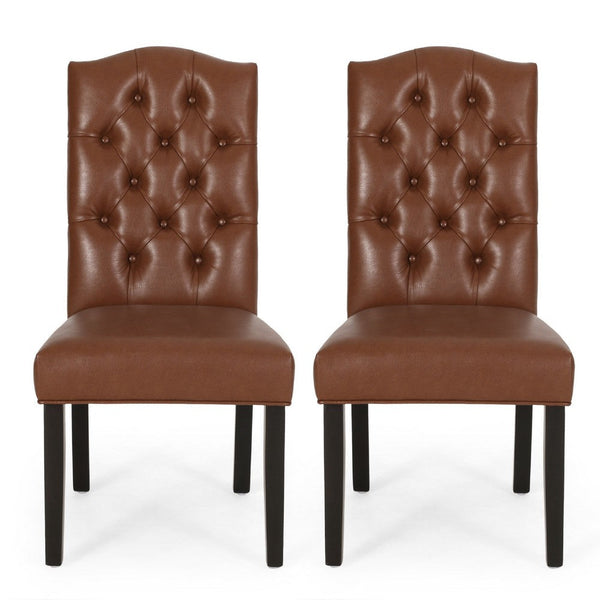 Elona Dining Chair Set of 2, Crown Top, Brown Tufted Faux Leather -BM335304