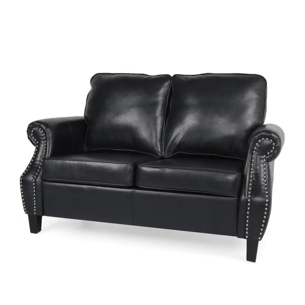 Zika Loveseat, Nailhead Trim, Solid Wood, Black Faux Leather, 59 Inch -BM335310