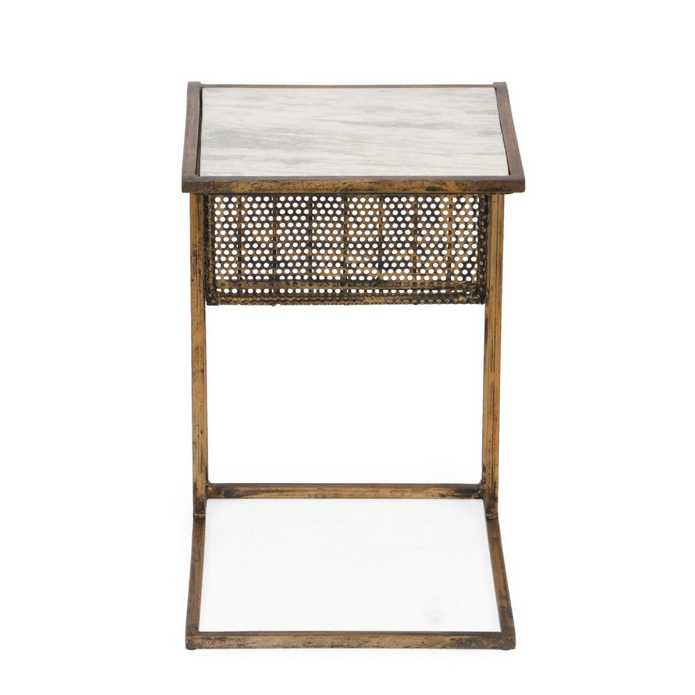 Anzy C Shaped Side Table with Marble Top, Rack, Brass Iron 15 Inch -BM335313