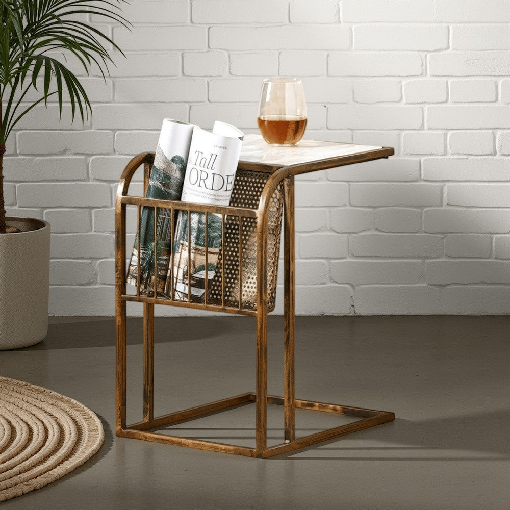 Anzy C Shaped Side Table with Marble Top, Rack, Brass Iron 15 Inch -BM335313