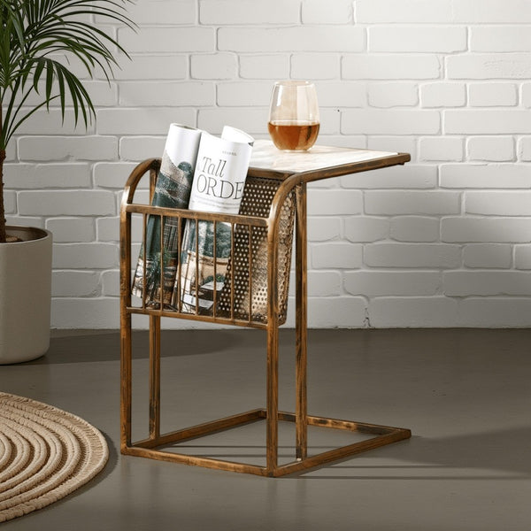 Anzy C Shaped Side Table with Marble Top, Rack, Brass Iron 15 Inch -BM335313