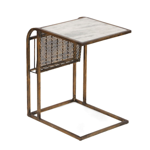 Anzy C Shaped Side Table with Marble Top, Rack, Brass Iron 15 Inch -BM335313