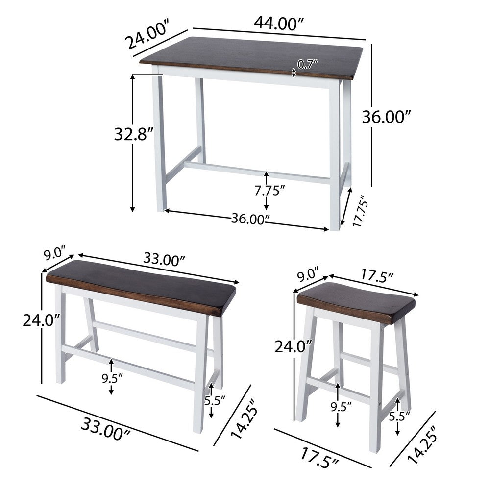 3pc Counter Height Dining Table Set with Saddle Stools, White Brown -BM335318