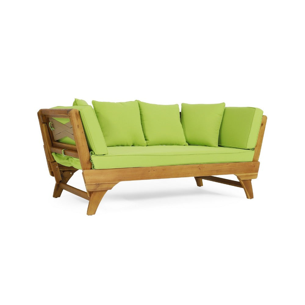 Flex Outdoor Daybed, 65 Inch Teak Brown Acacia Wood, Green Cushions -BM335323