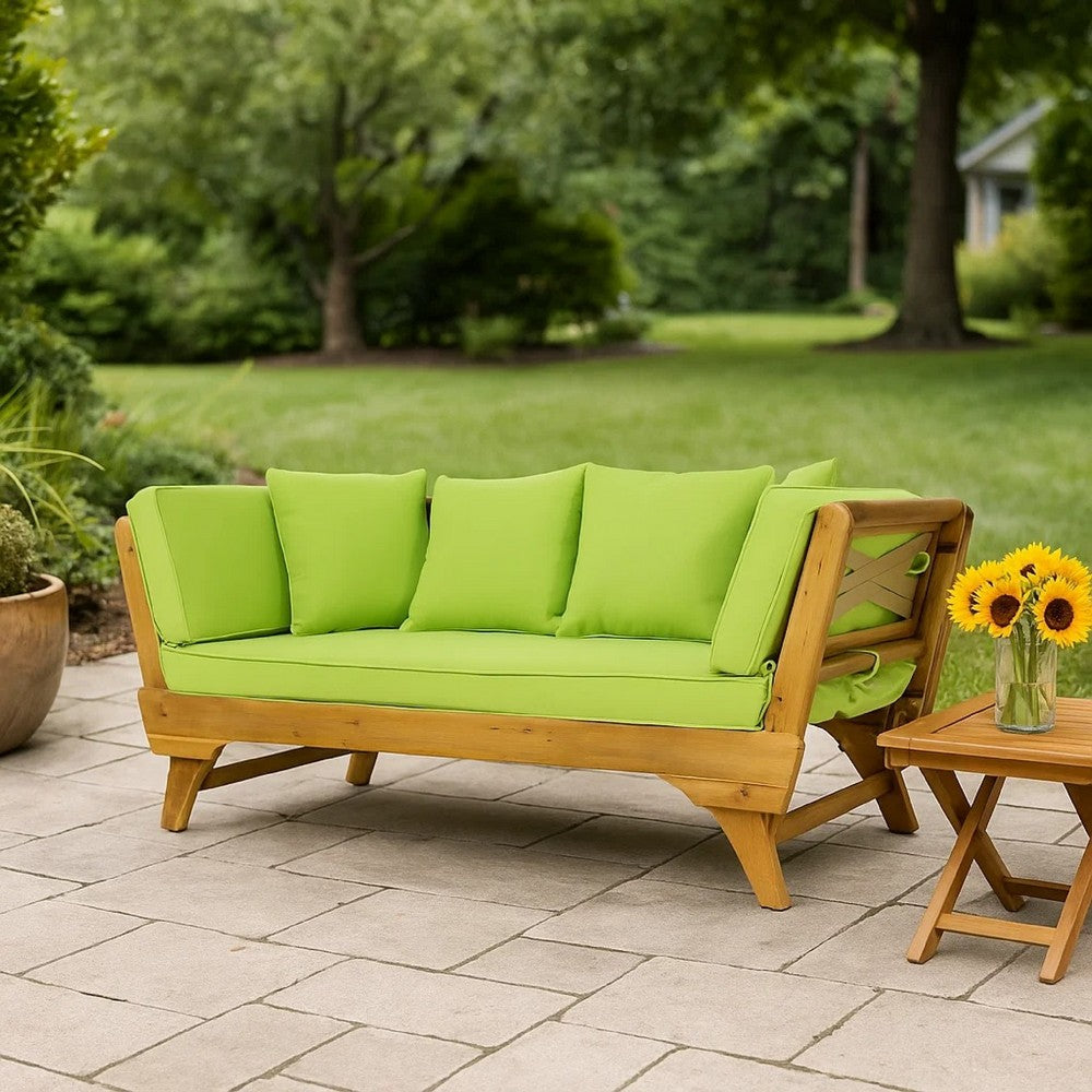 Flex Outdoor Daybed, 65 Inch Teak Brown Acacia Wood, Green Cushions -BM335323