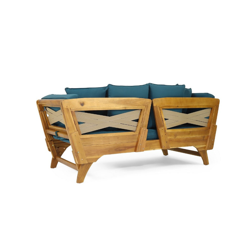 Flex Outdoor Daybed, 65 Inch Teak Brown Acacia Wood, Blue Cushions -BM335324