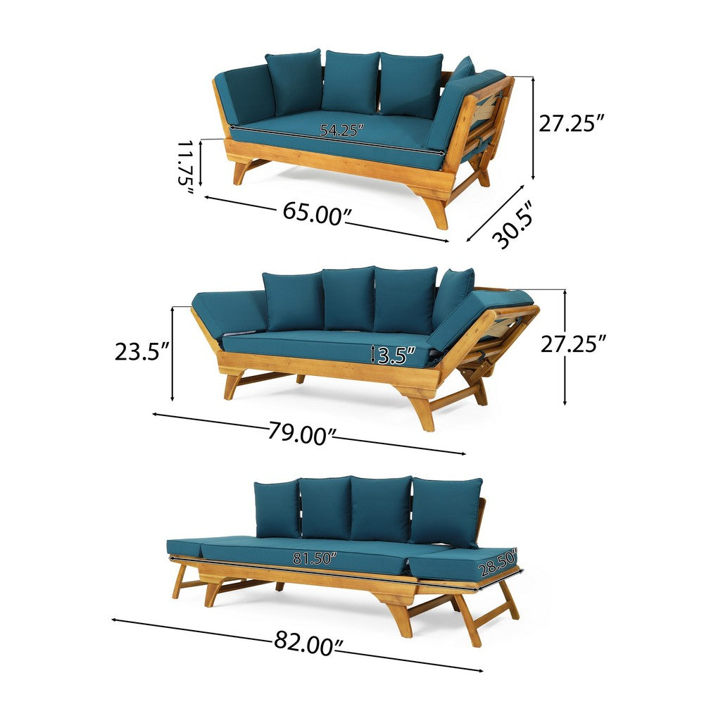 Flex Outdoor Daybed, 65 Inch Teak Brown Acacia Wood, Blue Cushions -BM335324