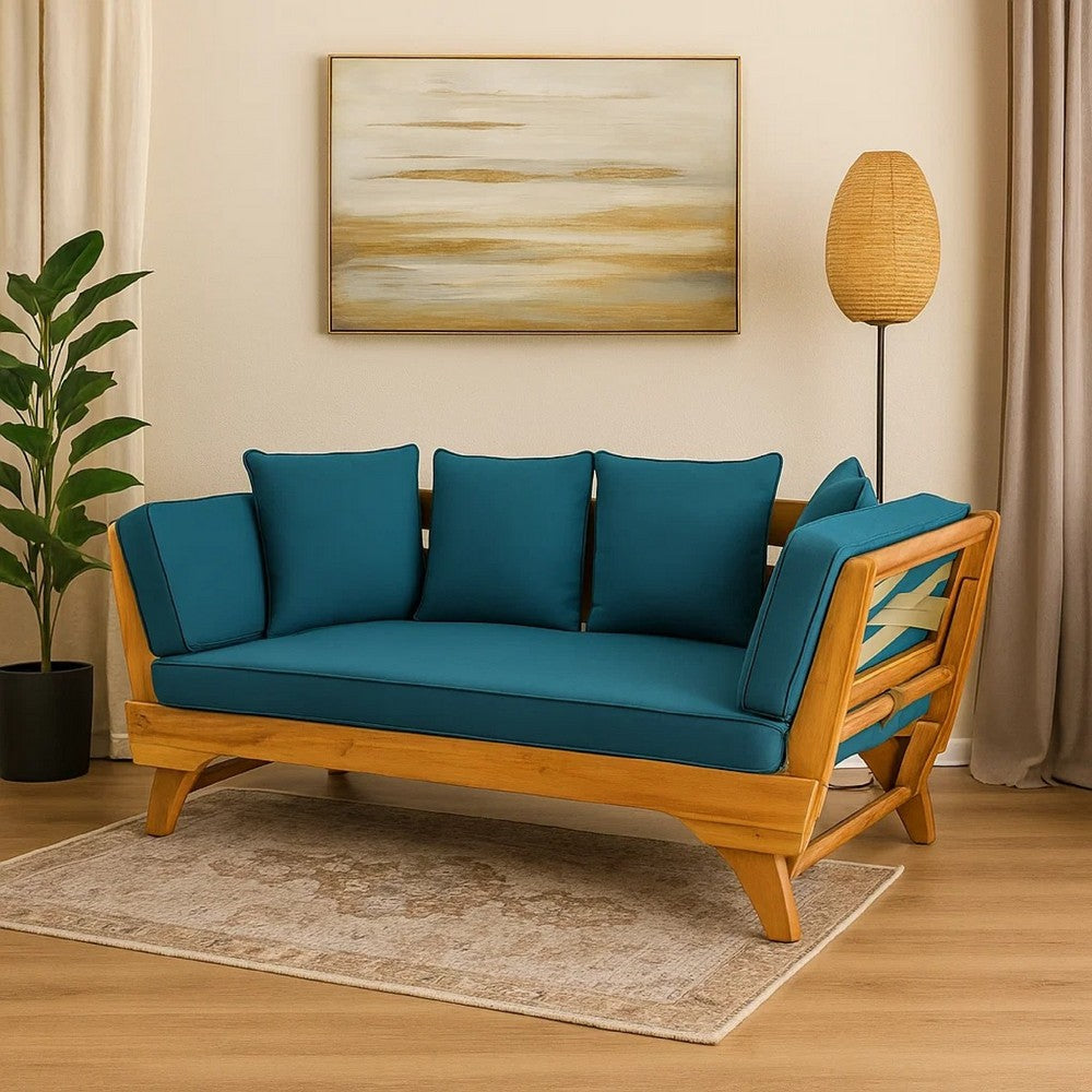 Flex Outdoor Daybed, 65 Inch Teak Brown Acacia Wood, Blue Cushions -BM335324