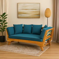 Flex Outdoor Daybed, 65 Inch Teak Brown Acacia Wood, Blue Cushions -BM335324