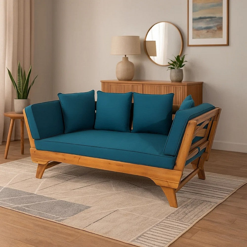 Flex Outdoor Daybed, 65 Inch Teak Brown Acacia Wood, Blue Cushions -BM335324