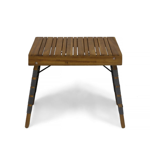 Leo Outdoor Foldable Side Table, 20 Inch Brown Wood, Black Nylon Strap -BM335325