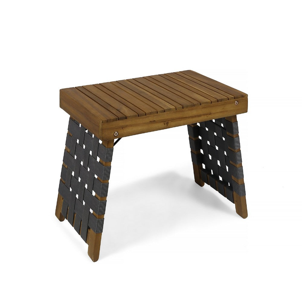 Leo Outdoor Foldable Side Table, 20 Inch Brown Wood, Black Nylon Strap -BM335325