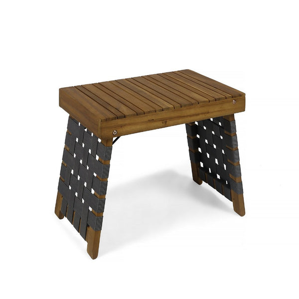Leo Outdoor Foldable Side Table, 20 Inch Brown Wood, Black Nylon Strap -BM335325