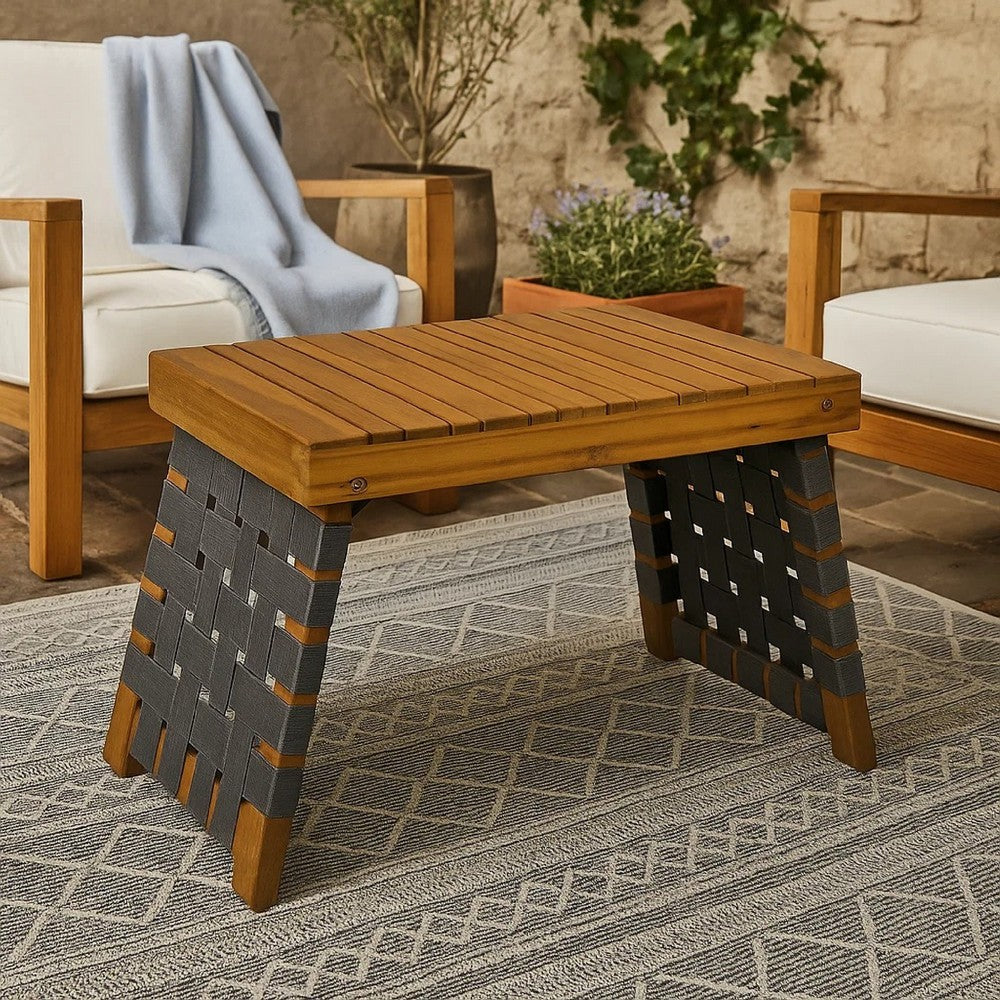 Leo Outdoor Foldable Side Table, 20 Inch Brown Wood, Black Nylon Strap -BM335325