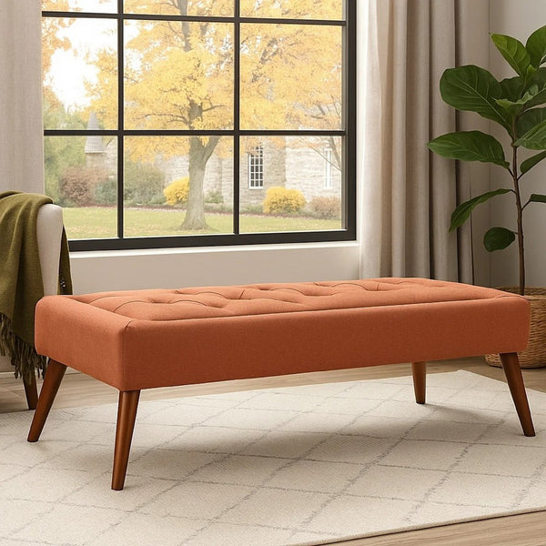 Accent Ottoman Bench, Tufted 52 Inch Rectangular Orange Fabric Seat -BM335326