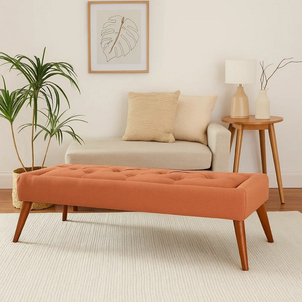 Accent Ottoman Bench, Tufted 52 Inch Rectangular Orange Fabric Seat -BM335326