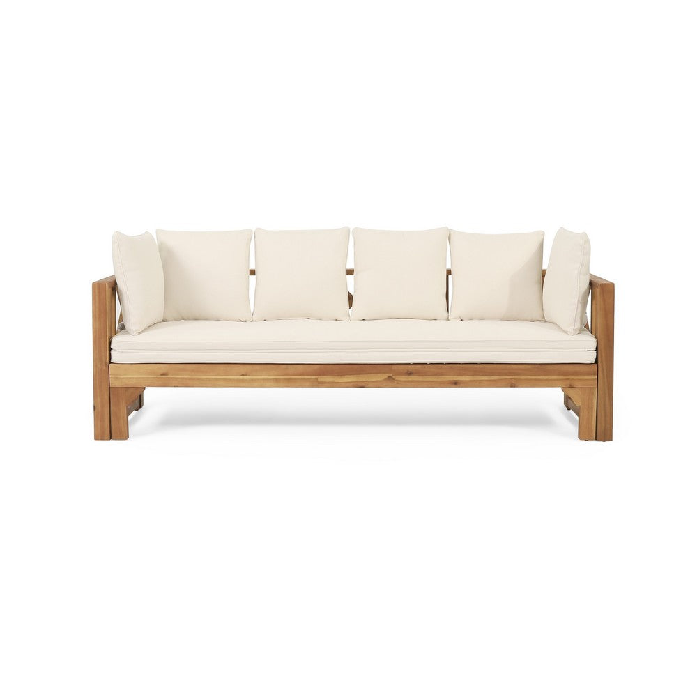 Outdoor Daybed Sofa, 79 Inch, Brown Acacia Wood Frame, Cream Cushions -BM335327